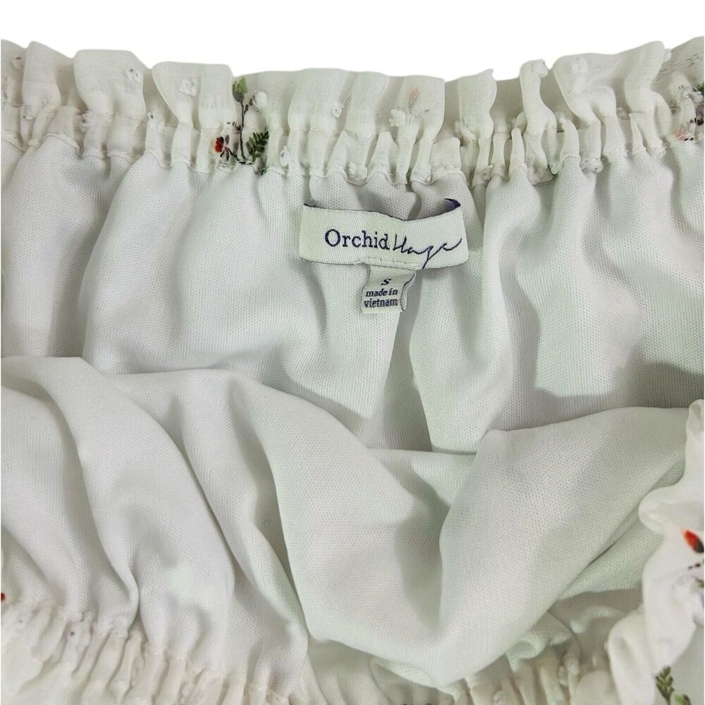 Orchid Haze Floral Off Shoulder Top Sheer Swiss Dot Puff Sleeve White Size S - Picture 5 of 6